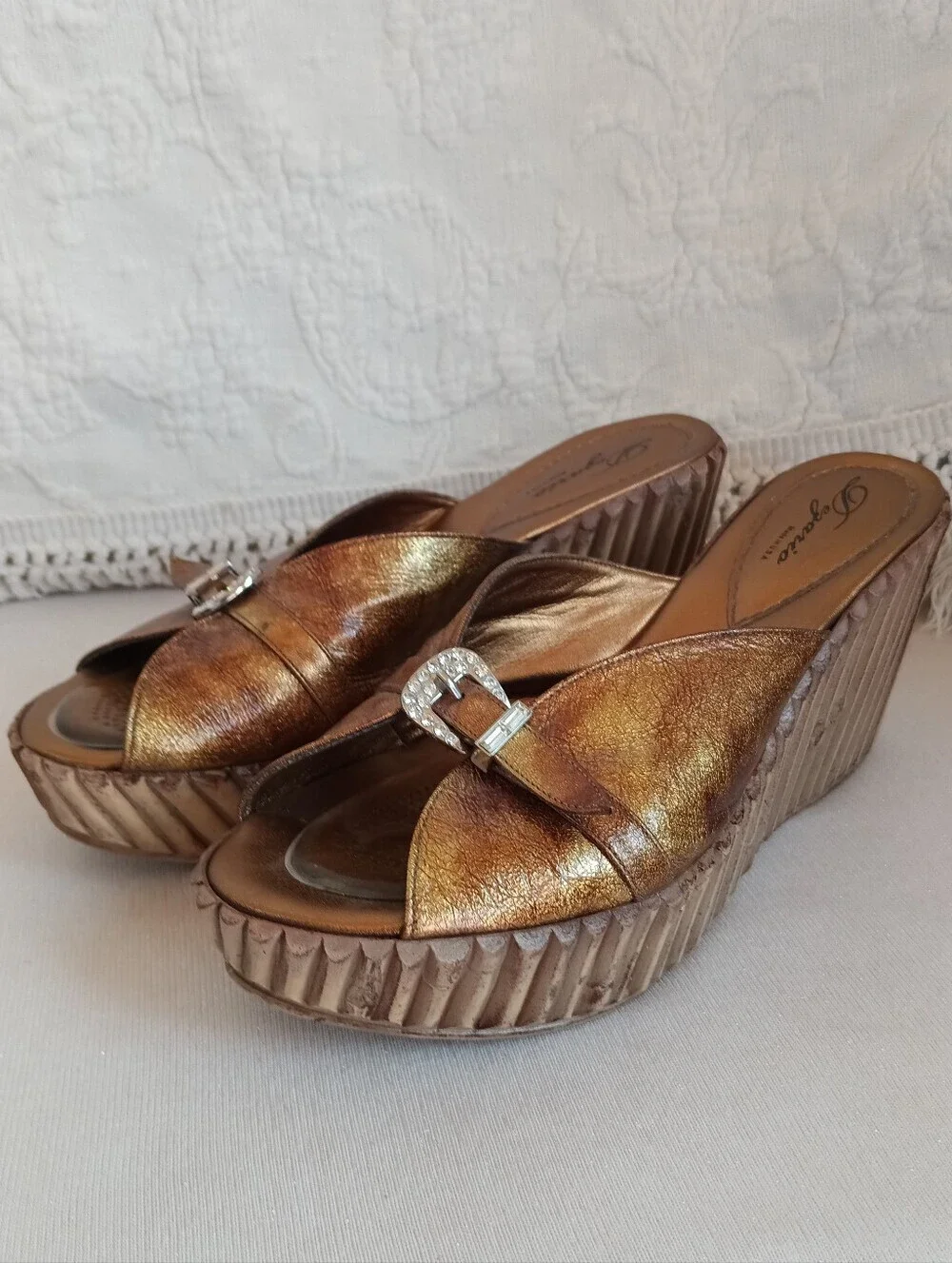 Dezario Bronze Metallic Wedge Slides Rhinestone Buckle Bamboo Gold Platform Heel
